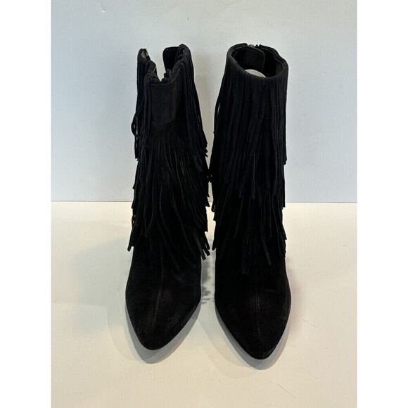 ZARA WOMENS BLACK LEATHER SUEDE FRINGED HIGH HEEL ANKLE BOOTS SZ 38 US 7.5 - Picture 2 of 13